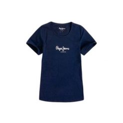 Koszulka damska Pepe Jeans New Virginia N. Niebieskie bluzki damskie Pepe Jeans, bez wzorów, z jeansu, sportowe, bez kołnierzyka, bez ramiączek. W wyprzedaży za 120.60 zł.