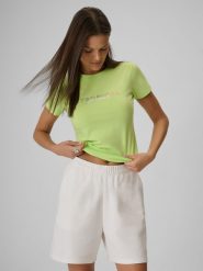 4F T-shirt slim z nadrukiem damski - żółty XXL. Żółte t-shirty damskie 4F, l, bez wzorów, z bawełny, bez kołnierzyka. Za 59.99 zł.