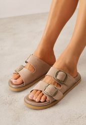 Ciemnobeżowe Klapki VICES Ozdobione Dużymi Klamrami Jenniviane. Brązowe klapki damskie Renee, z aplikacjami, z materiału, z otwartym noskiem, bez obcasa, na płaskiej podeszwie, bez zapięcia. Za 99.99 zł.