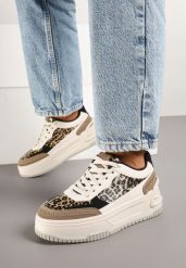 Beżowo-Brązowe Sneakersy na Tłoczonej Platformie Ozdobione Wzorem w Panterkę Deoranae. Brązowe obuwie sportowe damskie Renee, na jesień, z jeansu, bez zapięcia. Za 99.99 zł.