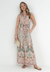 Ciemnoróżowa Sukienka Koszulowa Siniss. Czerwone sukienki damskie Born2be, z aplikacjami, z materiału, boho, bez ramiączek. Za 149.99 zł.