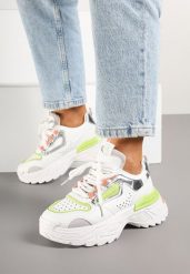 Biało-Zielone Sneakersy na Grubej Podeszwie z Tłoczeniami Lilasea. Białe obuwie sportowe damskie Born2be, z jeansu, bez zapięcia. Za 119.99 zł.