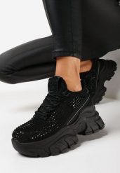 Czarne Sneakersy na Grubej Podeszwie Ozdobione Cyrkoniami Nallua. Czarne obuwie sportowe damskie Born2be, bez zapięcia, trekkingowe. Za 89.99 zł.