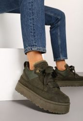 Ciemnozielone Sneakersy na Grubej Podeszwie Ocieplane Futerkiem Tifitana. Zielone obuwie sportowe damskie Born2be, z jeansu, bez zapięcia. Za 99.99 zł.