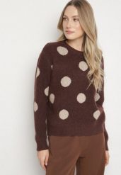 Brązowy Prosty Sweter z Wełną w Duże Kropki Fenenna. Brązowe swetry klasyczne damskie Born2be, uniwersalny, z jeansu, bez kołnierzyka. Za 149.99 zł.