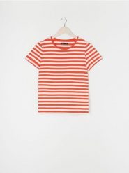 Koszulka w paski - pomarańczowy. Brązowe koszulki damskie Sinsay, l, bez wzorów, z bawełny, bez kołnierzyka, bez ramiączek. Za 19.99 zł.