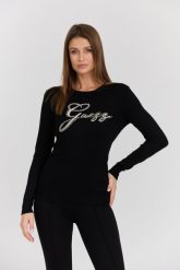 GUESS Czarny damski sweter Olive z haftowanym logo. Czarne swetry klasyczne damskie Guess, s, z materiału, bez kołnierzyka. W wyprzedaży za 246.99 zł.