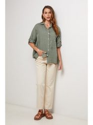 Lin Passion Lniana koszula w kolorze khaki rozmiar: 38/40. Brązowe koszule damskie Lin Passion, bez wzorów, ze lnu, klasyczne, bez kołnierzyka, bez ramiączek. Za 165.99 zł.