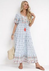 Jasnoniebieska Sukienka Maxi z Gumką i Sznurkiem z Chwostami w Pasie Maryse. Niebieskie sukienki damskie Born2be, bez wzorów, bez ramiączek. Za 139.99 zł.