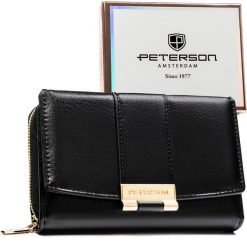 Poziomy portfel damski wykonany ze skóry ekologicznej w czarnym kolorze, zamykany na zatrzask - Peterson. Czarne portfele damskie Peterson, bez wzorów, ze skóry ekologicznej. Za 99.99 zł.