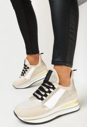 Beżowe Sznurowane Sneakersy na Płaskiej Grubej Podeszwie z Brokatem Reyrel. Brązowe obuwie sportowe damskie Born2be, bez zapięcia. Za 129.99 zł.