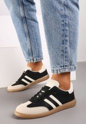 Czarne Płaskie Sneakersy Ozdobione Paskami Glaria. Czarne obuwie sportowe damskie Born2be, z materiału, bez zapięcia. Za 79.99 zł.