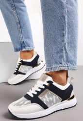 Biało-Granatowe Sznurowane Sneakersy z Nadrukowanymi Literami Dandia. Białe obuwie sportowe casual damskie Renee, bez zapięcia. Za 69.99 zł.