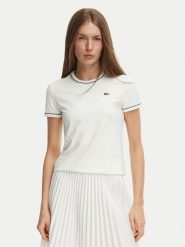 Lacoste T-Shirt TF5289 Kremowy Slim Fit. Białe t-shirty damskie Lacoste, bez wzorów, z bawełny, bez kołnierzyka. Za 329.99 zł.