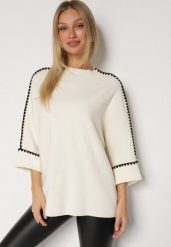 Jasnobeżowy Sweter z Kontrastową Lamówką Tuselle. Brązowe swetry klasyczne damskie Born2be, z jeansu, bez kołnierzyka. Za 109.99 zł.