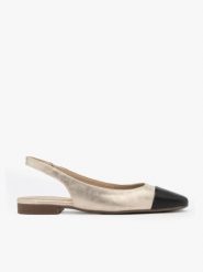 Platynowe baleriny typu slingback z czarnym noskiem. Szare balerinki damskie Brawo sp. z o.o., bez wzorów, z gumy, z okrągłym noskiem. W wyprzedaży za 224.99 zł.