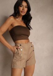 Ciemnobeżowe Bawełniane Szorty High Waist Ozdobione Guzikami Seporiae. Brązowe szorty damskie Renee, bez wzorów, z bawełny, z podwyższonym stanem. Za 44.99 zł.