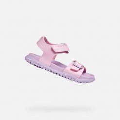 Sandały GEOX J SANDAL FUSBETTO GI Rose. Czerwone sandały damskie Geox, bez wzorów, z syntetyku, bez obcasa, bez zapięcia. Za 189.99 zł.