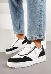 Biało-Czarne Sneakersy przed Kostkę z Perforacją i Suwakiem na Cholewce Valinorti. Białe obuwie sportowe damskie Renee, przed kostkę, bez zapięcia. Za 59.99 zł.