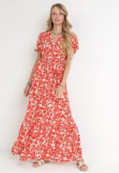Czerwona Sukienka Maxi z Gumką w Pasie w Kwiaty Aretocia. Czerwone sukienki damskie Born2be, bez wzorów, bez ramiączek. Za 119.99 zł.