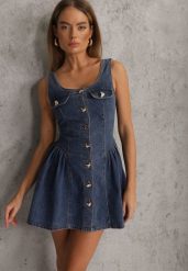 Niebieska Bawełniana Rozkloszowana Sukienka z Jeansu Ozdobiona Guzikami Sofeis. Niebieskie sukienki damskie Renee, bez wzorów, z bawełny, bez ramiączek. Za 199.99 zł.