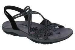 Sandały damskie, Reggae Slim - Turn It Up. Czarne sandały damskie Skechers, bez wzorów, z materiału, bez obcasa, bez zapięcia. Za 249.99 zł.