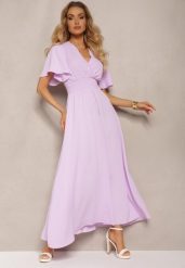 Jasnofioletowa Sukienka z Luźnymi Rękawami Wiązaniem z Wycięciem na Plecach i Gumką w Talii Valenta. Fioletowe sukienki damskie Renee, bez wzorów, z tkaniny, eleganckie, bez ramiączek. W wyprzedaży za 63.99 zł.