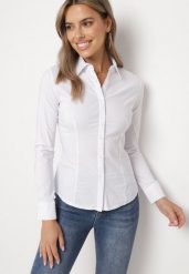 Biała Koszula z Długim Rękawem Zapinana na Guziki Vikra. Białe koszule damskie Born2be, l, bez wzorów, z jeansu, eleganckie, bez kołnierzyka, bez ramiączek. Za 59.99 zł.