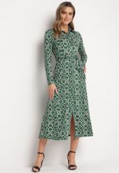 Zielona Taliowana Sukienka Maxi z Materiałowym Paskiem w Geometryczny Print Filint. Zielone sukienki damskie Born2be, bez wzorów, z materiału, bez ramiączek. W wyprzedaży za 169.99 zł.