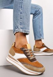 Brązowe Sneakersy przed Kostkę na Platformie Irmenli. Brązowe obuwie sportowe damskie Renee, przed kostkę, bez zapięcia. Za 109.99 zł.