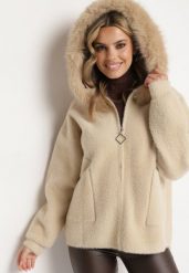 Beżowa Bluza z Wełną Kapturem i Kieszeniami Zdobiona Futrem Yasiti. Brązowe bluzy damskie Born2be, l, z aplikacjami, z jeansu, z kapturem. Za 219.99 zł.