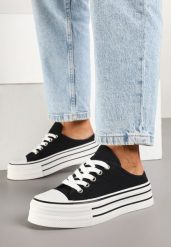Czarne Trampki z Niską Cholewką na Podwójnej Podeszwie Lenisna. Czarne trampki damskie Renee, bez wzorów, z jeansu, przed kostkę, bez zapięcia. Za 74.99 zł.