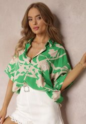 Zielona Kwiecista Bluzka z Krótkimi Rękawami Andresa. Zielone bluzki damskie Renee, xl, bez wzorów, bez kołnierzyka, bez ramiączek. Za 39.99 zł.