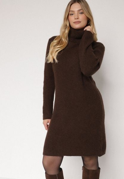 Brązowa Sukienka Sweterkowa z Golfem z Wiskozą i Wełną Fedamira. Brązowe sukienki damskie Born2be, bez wzorów, z dzianiny, klasyczne, bez ramiączek. Za 179.99 zł.