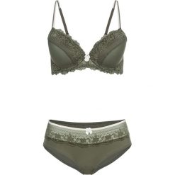 "Biustonosz usztywniany na fiszbinach + figi ""panty"" (2 części)". Zielone komplety bielizny bonprix, bez wzorów, z materiału. Za 79.99 zł.