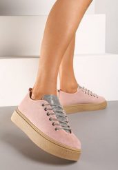 Różowe Sneakersy na Platformie ze Sznurowaniem z Cyrkoniami Oziana. Czerwone obuwie sportowe damskie Renee, bez zapięcia. Za 44.99 zł.