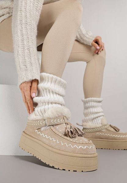 Beżowe Śniegowce na Platformie Ozdobione Haftem i Frędzlami Linomis. Brązowe śniegowce damskie Renee, z jeansu. Za 119.99 zł.