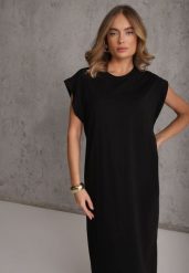 Czarna Sukienka T-shirtowa z Krótkimi Szerokimi Rękawami Arisea. Czarne sukienki damskie Renee, bez wzorów, biznesowe, bez ramiączek. Za 89.99 zł.