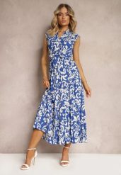 Granatowo-Biała Wiskozowa Sukienka z Gumką w Talii i Materiałowym Paskiem Zapinana na Guziki Viealia. Niebieskie sukienki damskie Renee, bez wzorów, z jeansu, eleganckie, bez ramiączek. Za 99.99 zł.