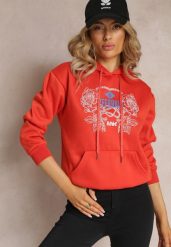 Pomarańczowa Modna Bluza z Nadrukiem i Kapturem Ozdobiona Nadrukiem Arinalu. Brązowe bluzy damskie Renee, l, bez wzorów, z polaru. Za 79.99 zł.