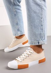 Beżowe Trampki Castite. Brązowe trampki damskie Born2be, z aplikacjami, z gumy, przed kostkę, bez zapięcia. Za 29.99 zł.