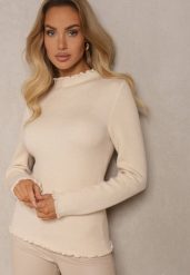 Beżowy Sweter z Wełną przy Dekolcie Ozdobiony Falbanką Seatoria. Brązowe swetry klasyczne damskie Renee, z jeansu, bez kołnierzyka. Za 79.99 zł.