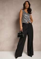 Czarne Spodnie High Waist Garniturowe z Szerokim Nogawkami Silzemia. Czarne spodnie materiałowe damskie Renee, bez wzorów, z jeansu. Za 109.99 zł.