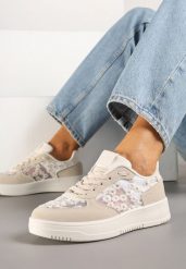 Beżowe Sneakersy z Haftem i Zdobieniami z Siateczki Lirivessa. Brązowe obuwie sportowe damskie Renee, z jeansu, bez zapięcia. Za 69.99 zł.
