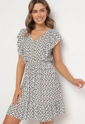 Biała Rozkloszowana Sukienka z Bawełny w Kwiaty z Guzikami Ronelle. Białe sukienki damskie Born2be, bez wzorów, z bawełny, eleganckie, bez ramiączek. Za 69.99 zł.