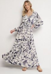 Niebieska Wiskozowa Sukienka w Abstrakcyjny Print z Gumką w Talii i Dekoltem w Serek Arpio. Niebieskie sukienki damskie Born2be, bez wzorów, z jeansu, eleganckie, bez ramiączek. W wyprzedaży za 144.49 zł.