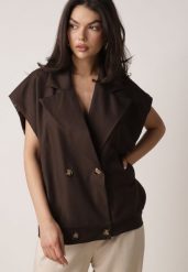 Brązowa Garniturowa Kamizelka Oversize z Dwurzędowym Zapięciem Edriana. Brązowe kamizelki damskie Born2be, l, bez wzorów, z jeansu, bez kaptura. Za 119.99 zł.