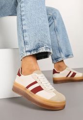 Beżowo-Bordowe Płaskie Sneakersy Ozdobione Paskami Norili. Brązowe obuwie sportowe damskie Born2be, z jeansu, bez zapięcia, tenisowe. Za 89.99 zł.