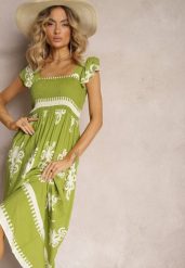 Zielona Wiskozowa Sukienka Boho z Falbankami i Gumką w Talii na Szerokich Ramiączkach Dreria. Zielone sukienki damskie Renee, w ażurowe wzory, z materiału, boho, bez ramiączek. W wyprzedaży za 83.99 zł.