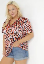Pomarańczowa Satynowa Bluzka w Cętki Rosemaria. Brązowe bluzki damskie Born2be, xl, bez wzorów, z satyny, bez kołnierzyka, bez ramiączek. Za 89.99 zł.